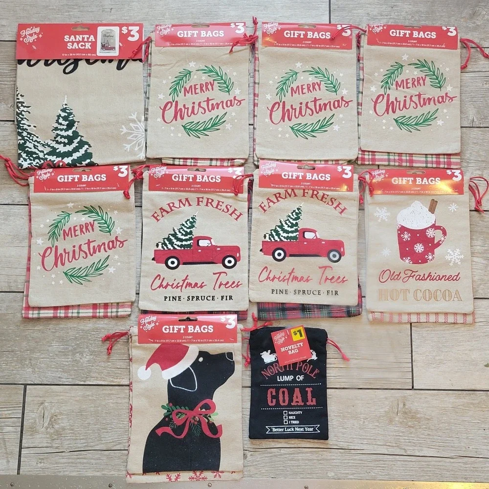 NEW Lot 10 Holiday Style Christmas Santa Sack Gift Bags Linen Burlap Cloth 18ct